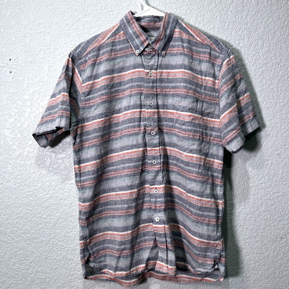 Duck Head Shirt Men M Gray Stripe Linen Cotton Short Sleeve Button Up Nautical